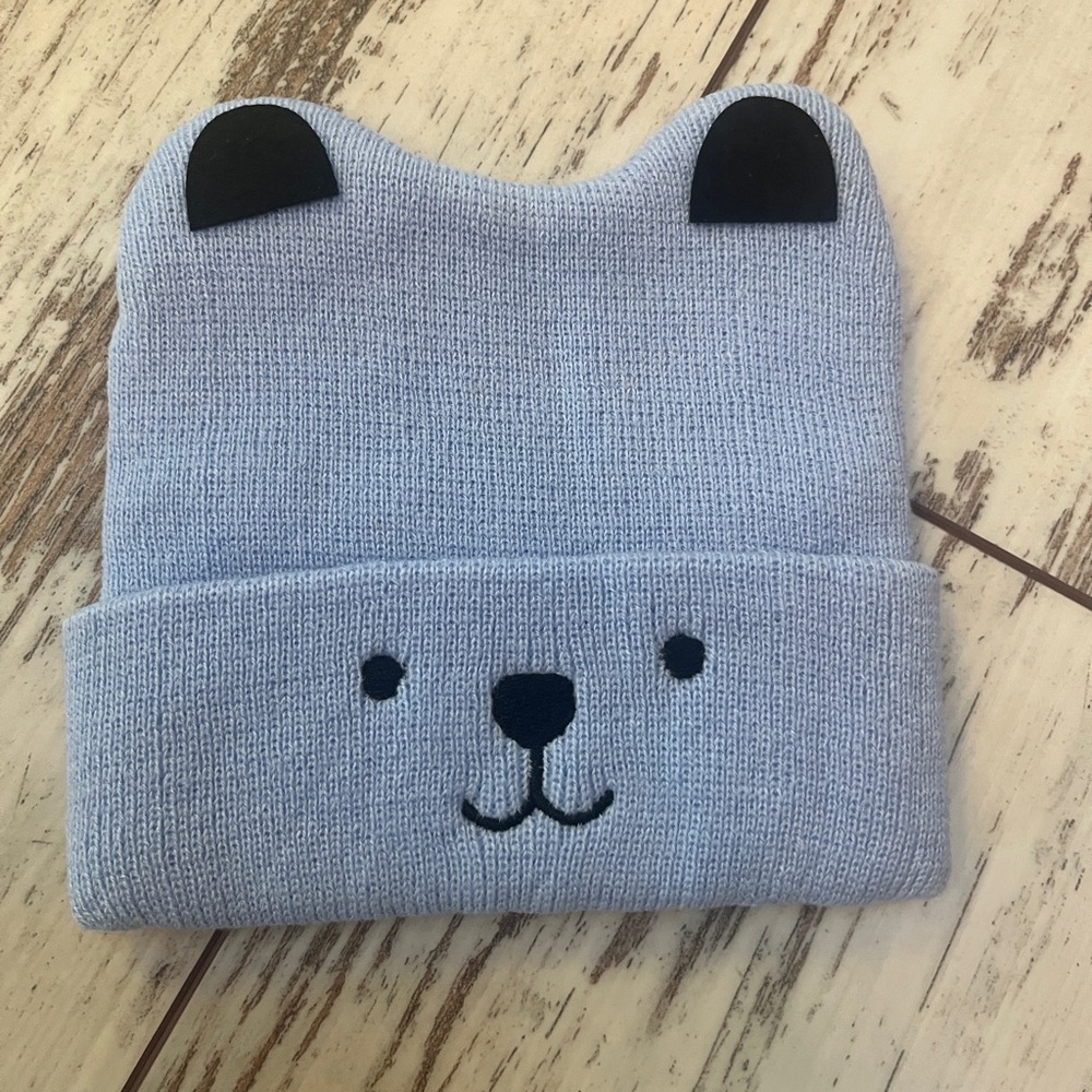 Unisex Toddler Knit Hat Light Blue Bear Pattern Beanie | Warm Fall & Winter Cap